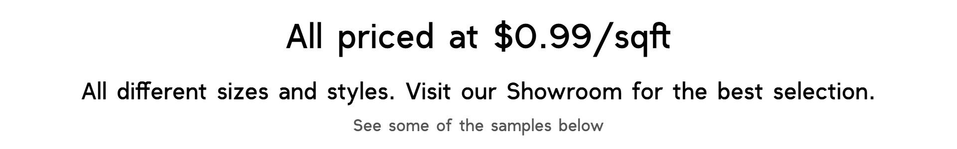 Promotional banner for Floor Fashions in Saint John, NB, advertising assorted flooring styles and sizes priced at $0.99/sqft, with a call to visit the showroom and view sample selections for small projects and budget-friendly renovations